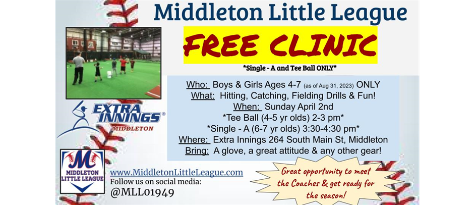 FREE Clinic for Single A and Tee Ball Sunday April 2nd!